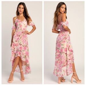 Lulus Watch‎ Me Grow Pink Floral Print Cold-Shoulder High-Low Dress L